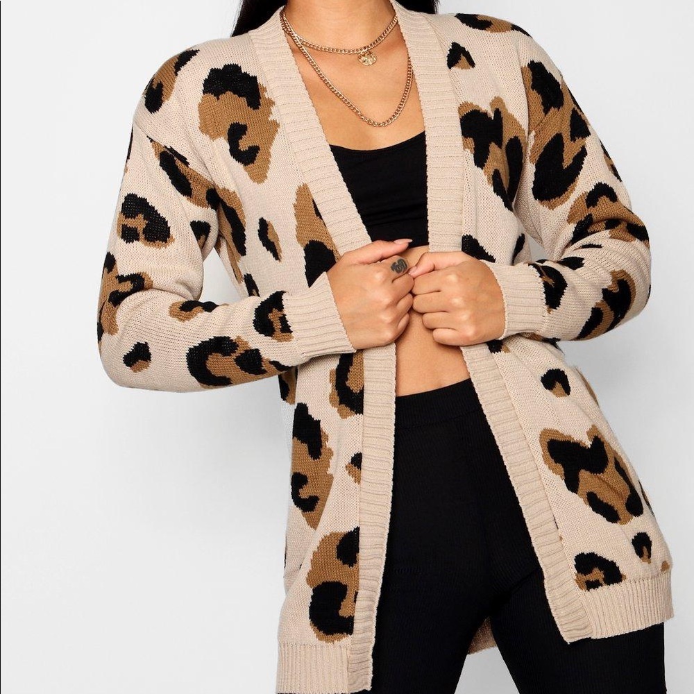 Boohoo Long Open Leopard Print Cardigab
